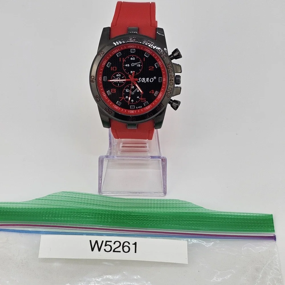 Men's‎ Analog Watch 45MM Black Dial Red Plastic Bands New Battery